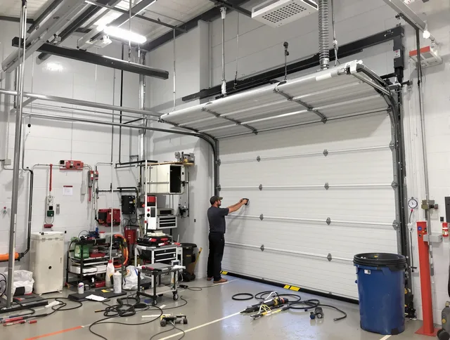 Glocester Garage Door Repair certified technician performing commercial door repair at a Glocester business facility