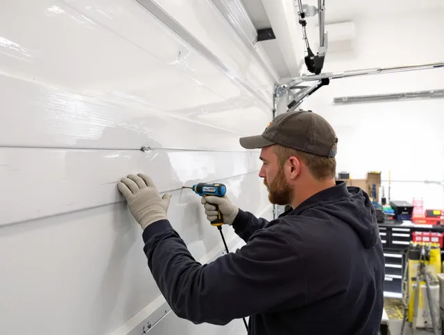 Glocester Garage Door Repair technician demonstrating precision dent removal techniques on a Glocester garage door