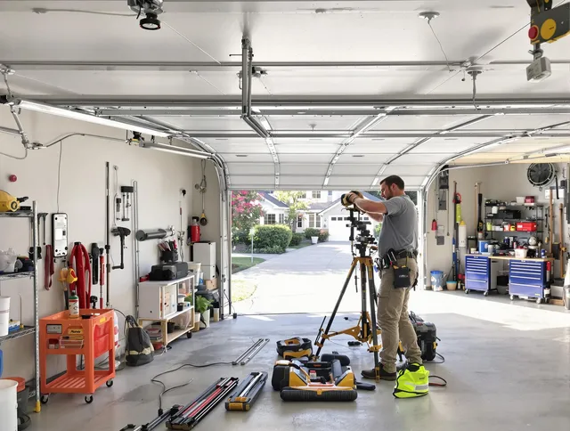 Glocester Garage Door Repair specialist performing laser-guided track alignment in Glocester